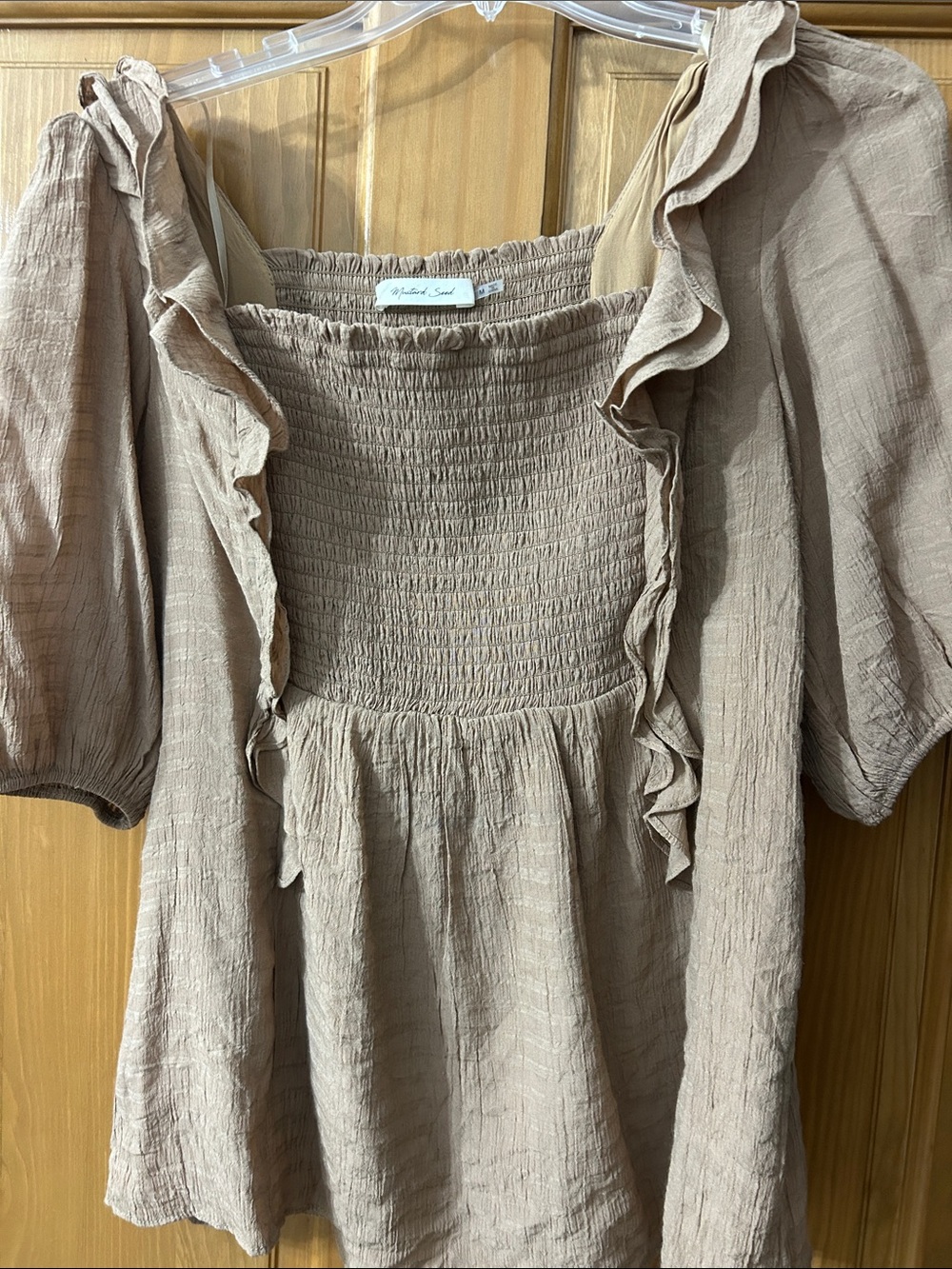 Mustard Seed Taupe Smocked Ruffle Puff-Sleeve Blouse